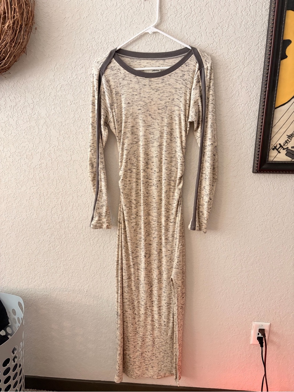 Long Sleeve Cream Heather Maxi Dress with Contrast Trim